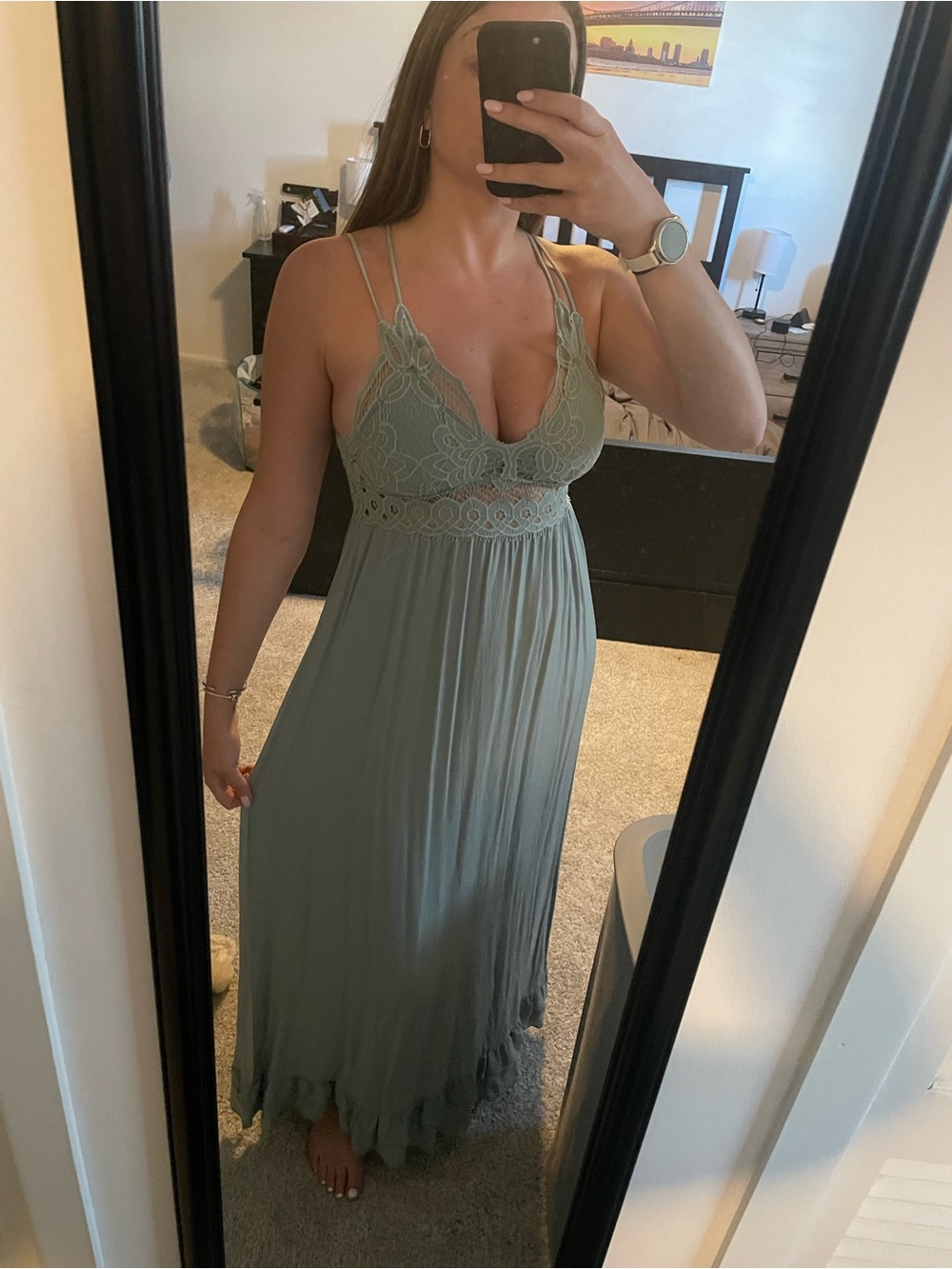 Pink Lily Sage Green Lace-Trim Maxi Dress